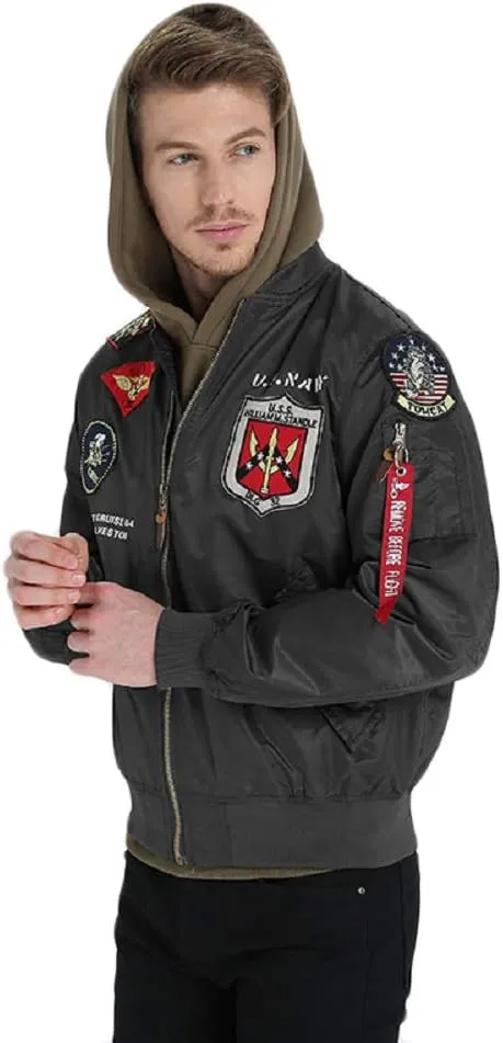 CORIRESHA Mens Outdoor Embroidered Patches Slim Fit US Navy Bomber Jackets Windbreaker
