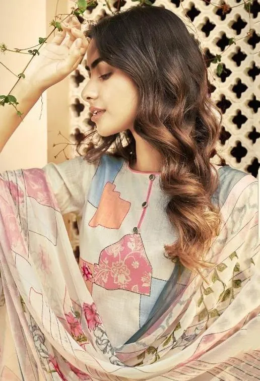 Cotton Linen Off-White Unstitched Suit With Chiffon Dupatta
