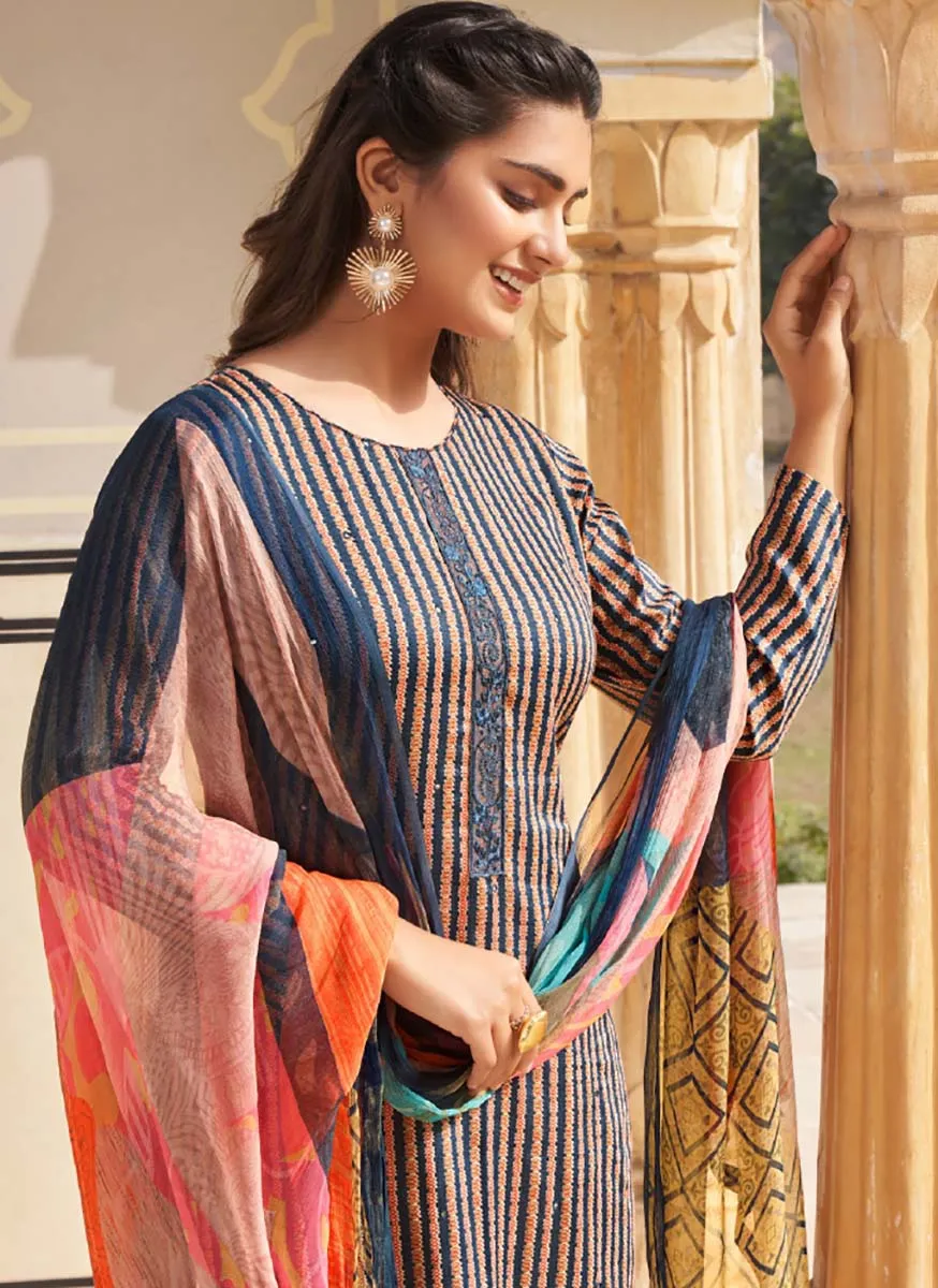 Dark Blue Unstitched Cotton Satin Salwar Suit Dress Material for Women