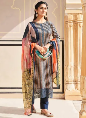 Dark Blue Unstitched Cotton Satin Salwar Suit Dress Material for Women