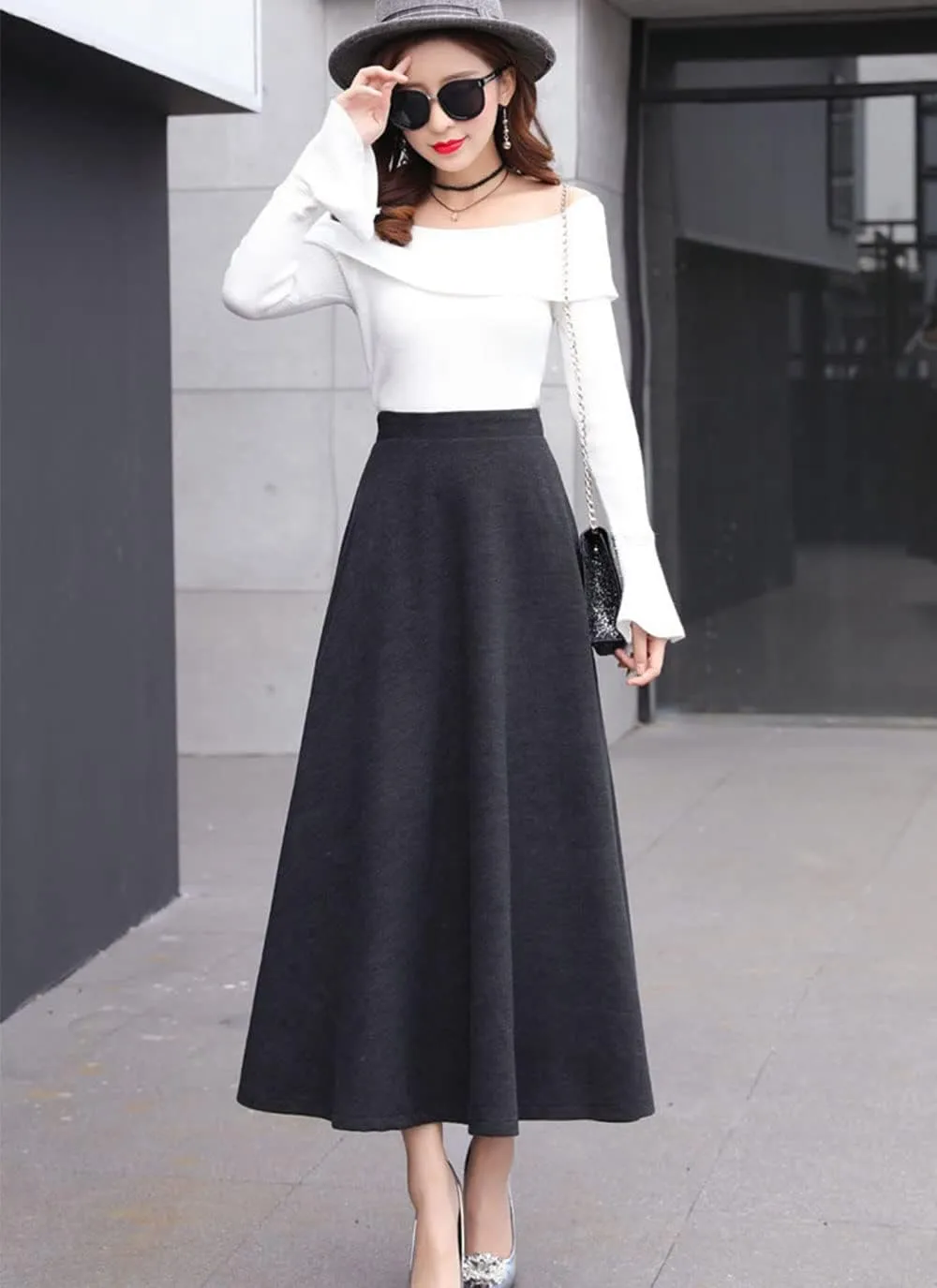 ebossy Women's Vintage High Waist Wool Blend Plaid A-Line Long Maxi Skirt with Pocket