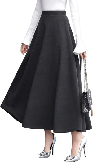 ebossy Women's Vintage High Waist Wool Blend Plaid A-Line Long Maxi Skirt with Pocket