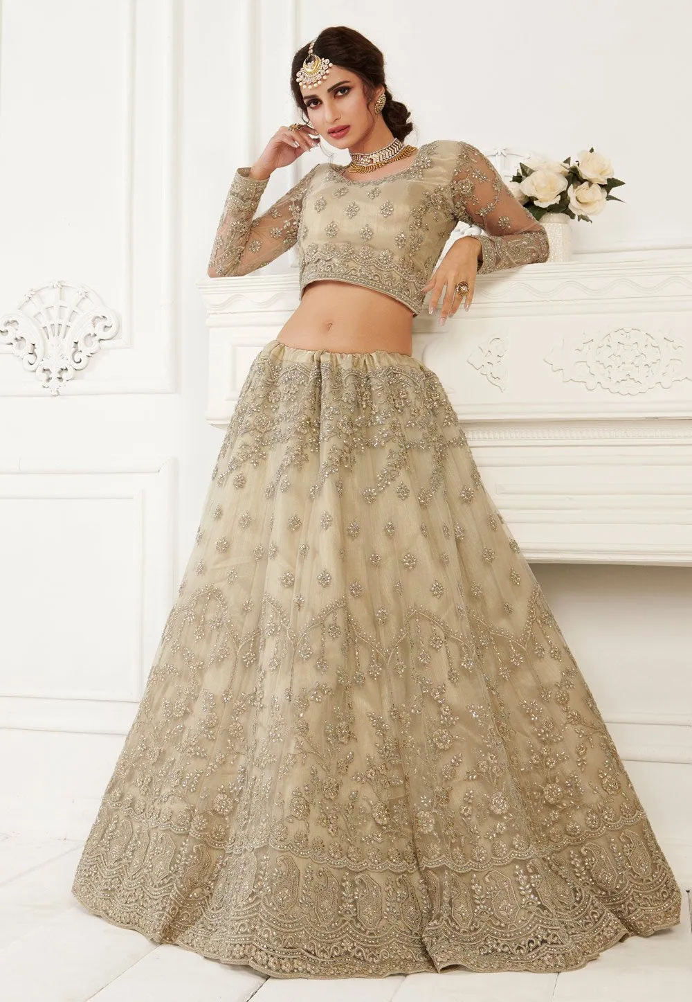 Ecru Beige Net Embroidered Wedding Lehenga Choli