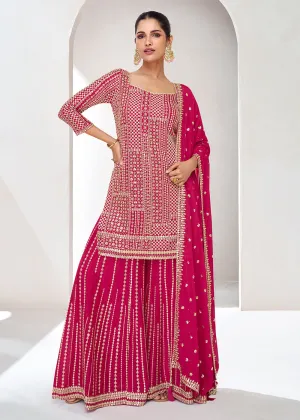 Embroidered Chinnon Hot Pink Wedding Palazzo Style Suit