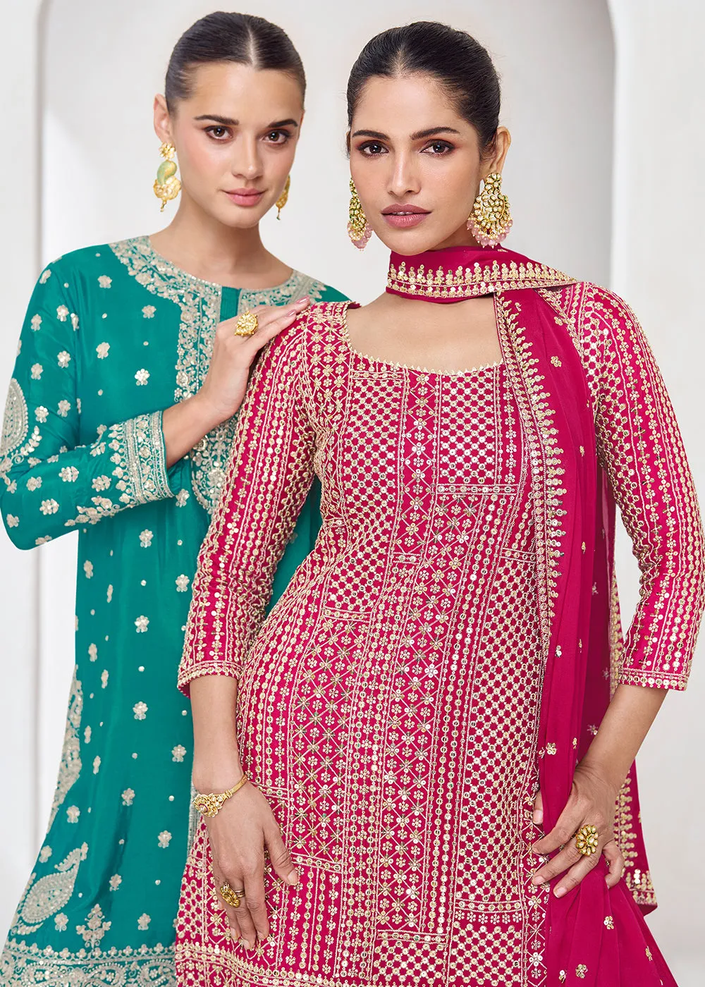 Embroidered Chinnon Hot Pink Wedding Palazzo Style Suit