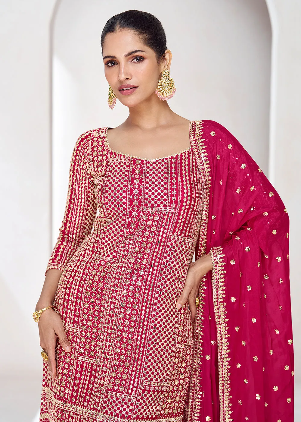 Embroidered Chinnon Hot Pink Wedding Palazzo Style Suit