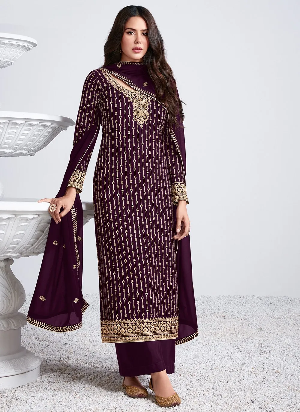 Embroidered Plum Wine Georgette Palazzo Suit