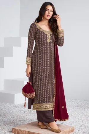 Embroidered Plum Wine Georgette Palazzo Suit