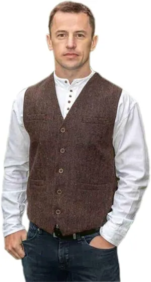 Emerald Isle Men's Herringbone Tweed Vest, 5-Button Closure, Wool Blend, Adjustable Back Strap