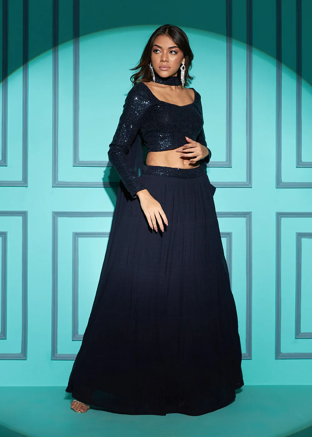 Exquisite Navy Blue Georgette Wedding Party Lehenga Choli