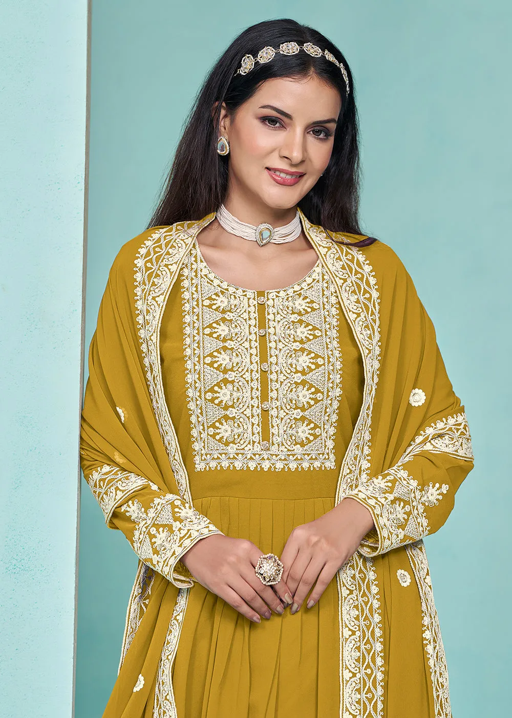 Festive Mustard Faux Georgette Palazzo Style Suit