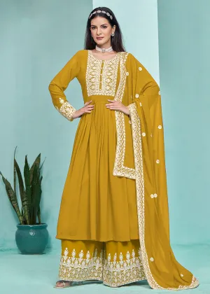 Festive Mustard Faux Georgette Palazzo Style Suit