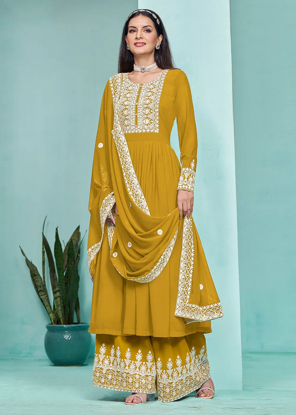 Festive Mustard Faux Georgette Palazzo Style Suit