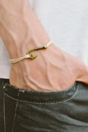 Fish hook charm bracelet for men, bronze hook, beige string, custom color, gift wrapped handmade