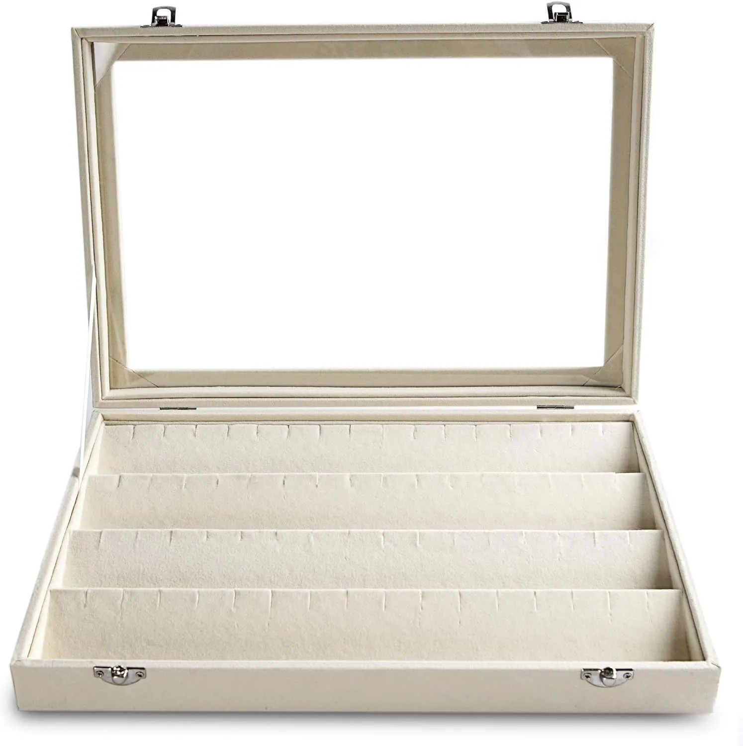 Frebeauty Earring Organizer Tray with Clear Lid 64 Slots Velvet Drawer Insert Earring Storage box with Transparent Glass lid Jewelry Display Case Store Showcase Gifts for Women(Beige, Earrings)