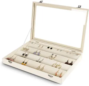 Frebeauty Earring Organizer Tray with Clear Lid 64 Slots Velvet Drawer Insert Earring Storage box with Transparent Glass lid Jewelry Display Case Store Showcase Gifts for Women(Beige, Earrings)