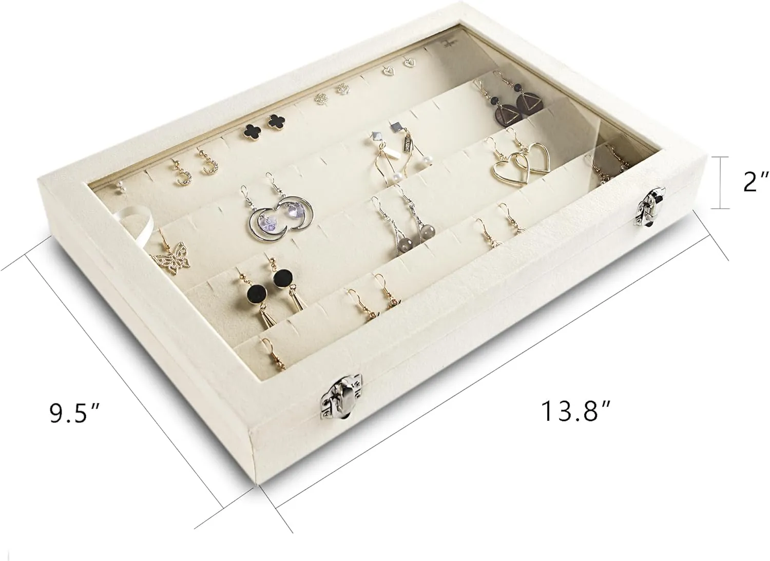 Frebeauty Earring Organizer Tray with Clear Lid 64 Slots Velvet Drawer Insert Earring Storage box with Transparent Glass lid Jewelry Display Case Store Showcase Gifts for Women(Beige, Earrings)