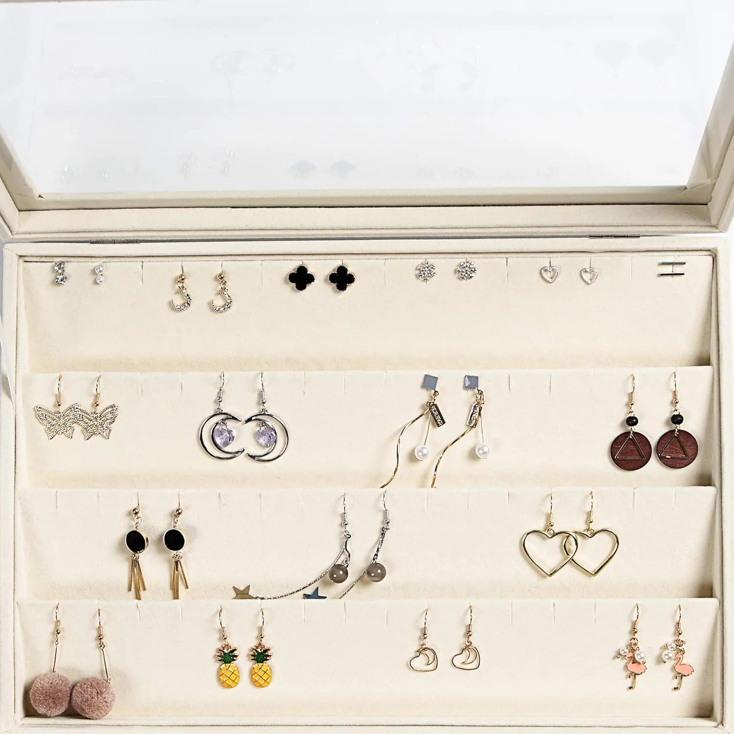 Frebeauty Earring Organizer Tray with Clear Lid 64 Slots Velvet Drawer Insert Earring Storage box with Transparent Glass lid Jewelry Display Case Store Showcase Gifts for Women(Beige, Earrings)