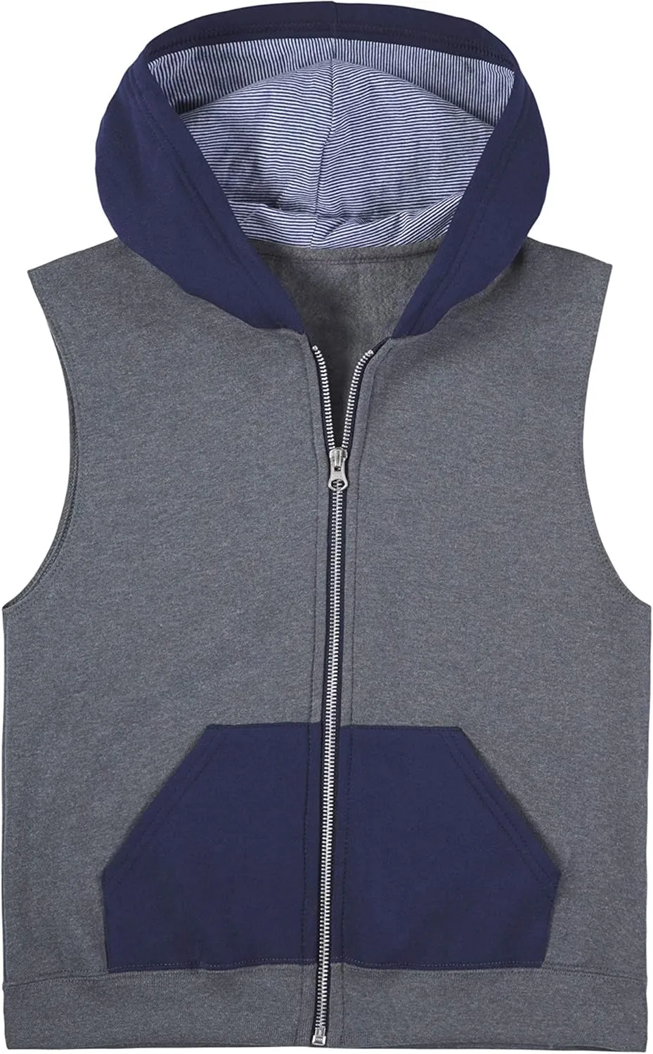 Fruit of the Loom Boys' Fleece Full Zip Sleeveless Vest, Charcoal Heather/Ghost Times Square Navy Stripe, Small