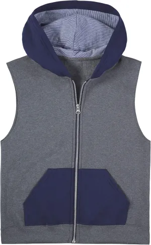 Fruit of the Loom Boys' Fleece Full Zip Sleeveless Vest, Charcoal Heather/Ghost Times Square Navy Stripe, Small