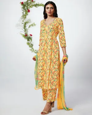 Ganga Cotton Unstitched Suit With Yellow Chiffon Dupatta