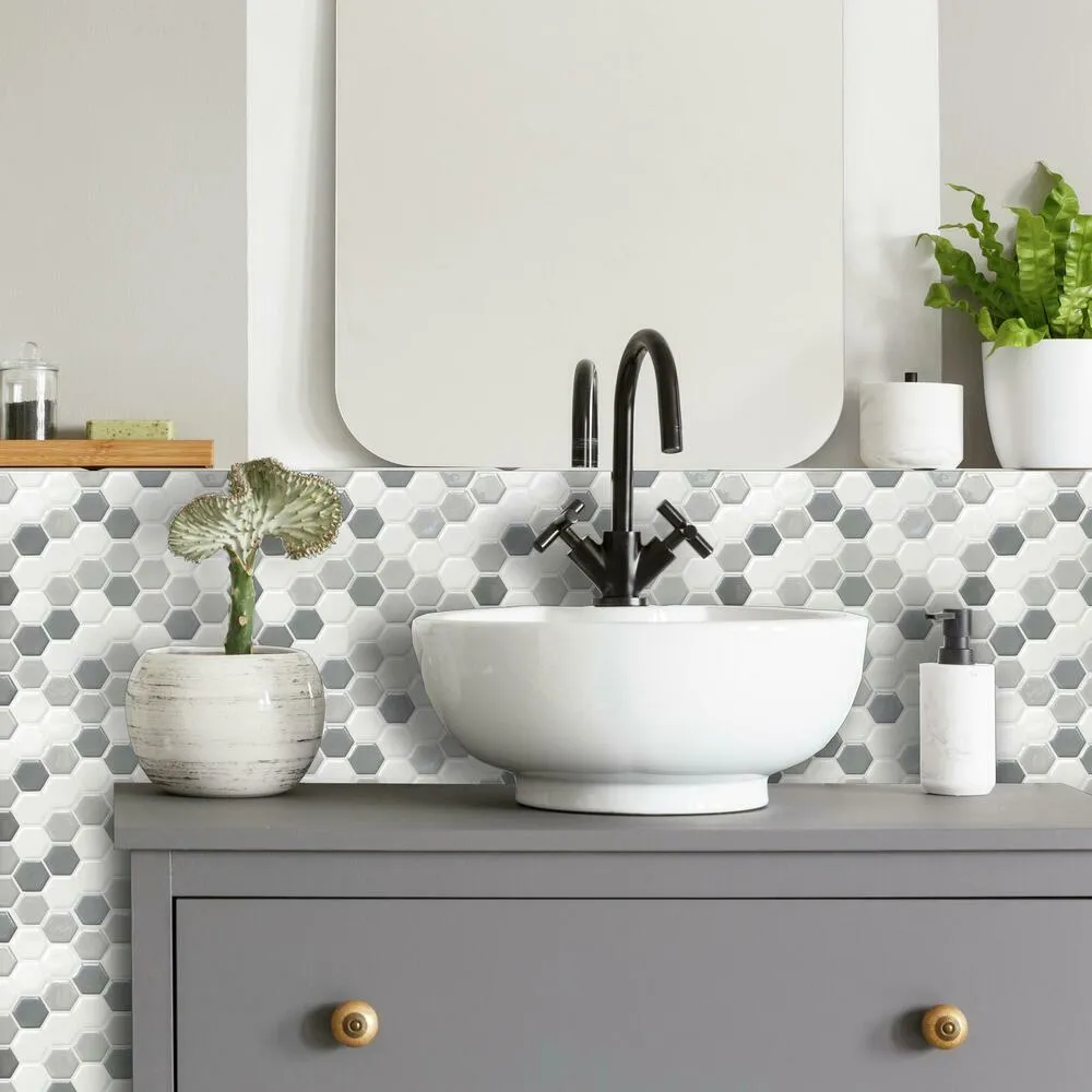 Gray Hexagon Tile Peel and Stick Backsplash