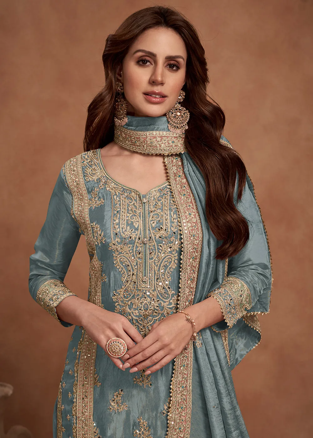 Greyish Blue Embroidered Real Simar Silk Palazzo Suit