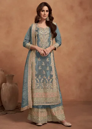 Greyish Blue Embroidered Real Simar Silk Palazzo Suit
