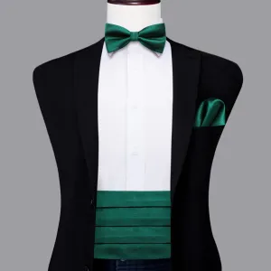 Hi-Tie Emerald Green Solid Mens Cummerbund Bow Tie Hanky Cufflinks Set
