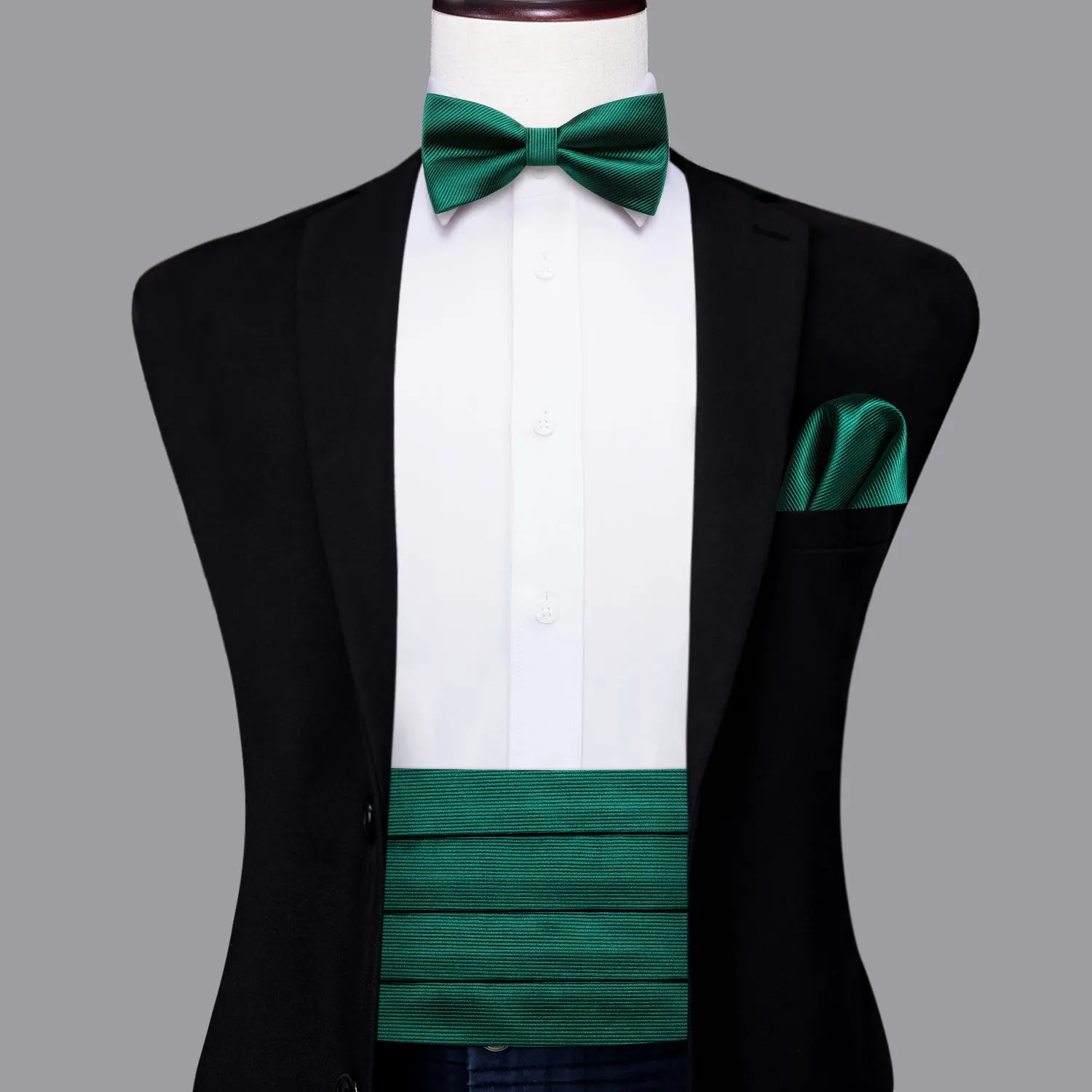 Hi-Tie Emerald Green Solid Mens Cummerbund Bow Tie Hanky Cufflinks Set