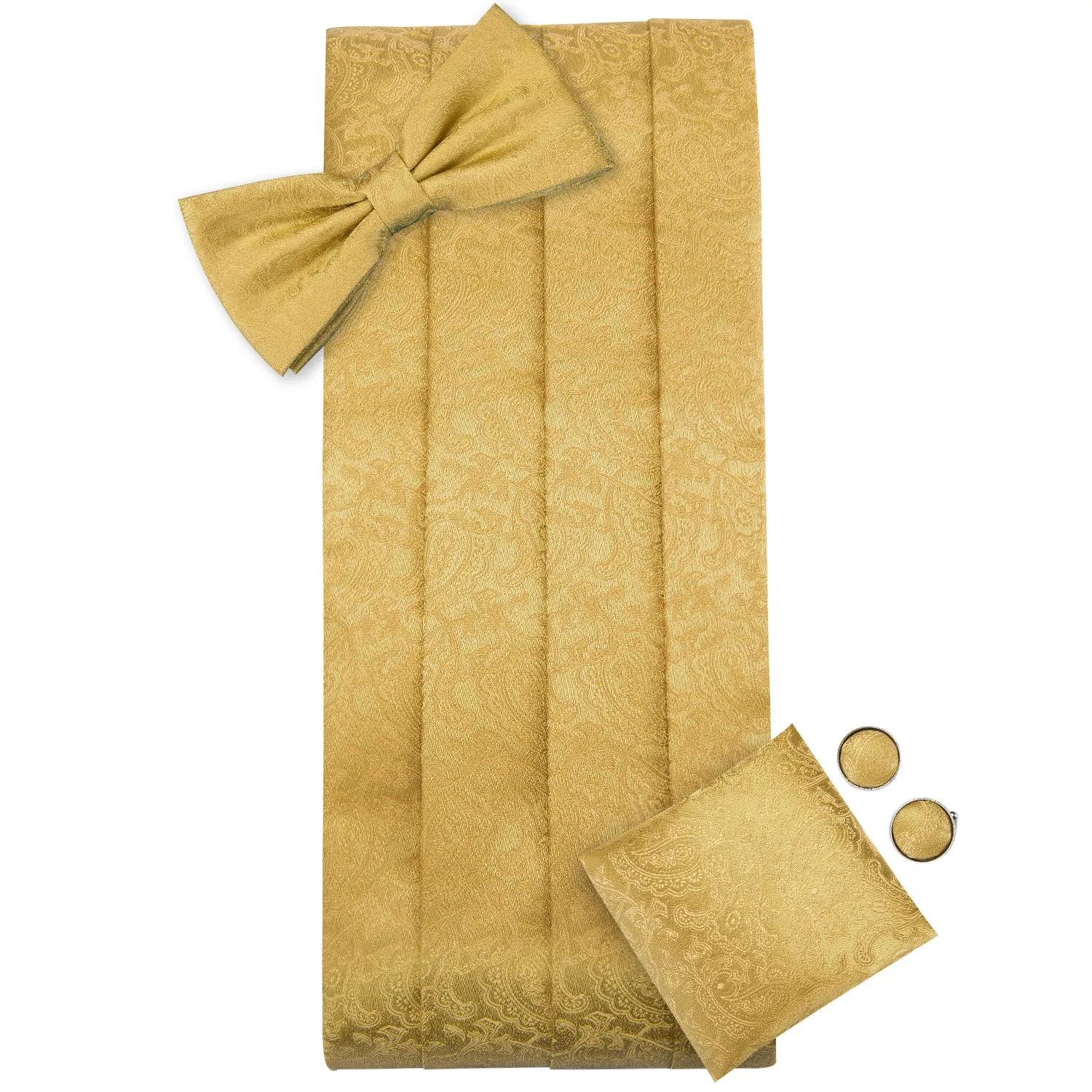 Hi-Tie Gold Floral Cummerbund Silk Bow Tie Hanky Cufflinks Set for Men