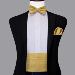 Hi-Tie Gold Floral Cummerbund Silk Bow Tie Hanky Cufflinks Set for Men