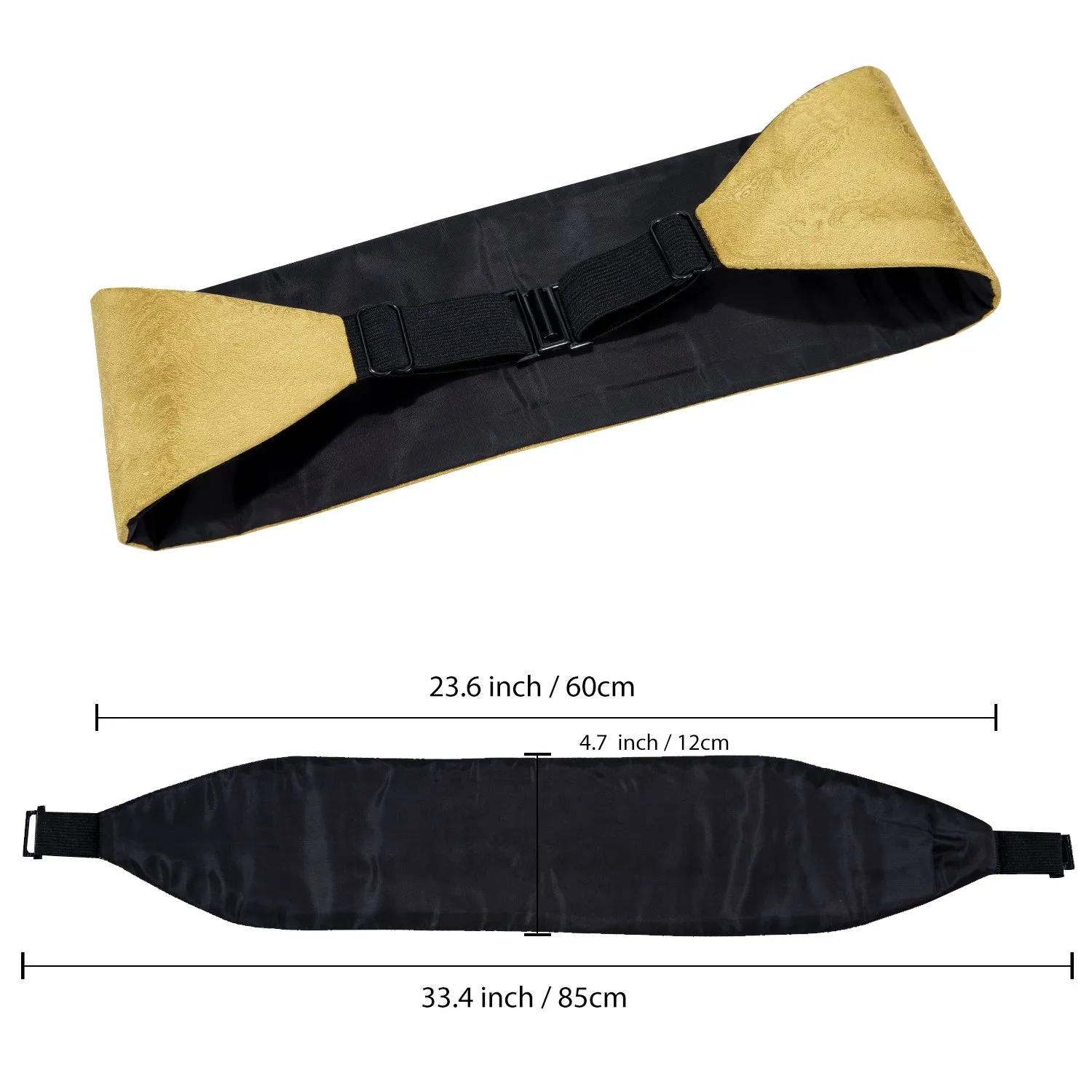 Hi-Tie Gold Floral Cummerbund Silk Bow Tie Hanky Cufflinks Set for Men