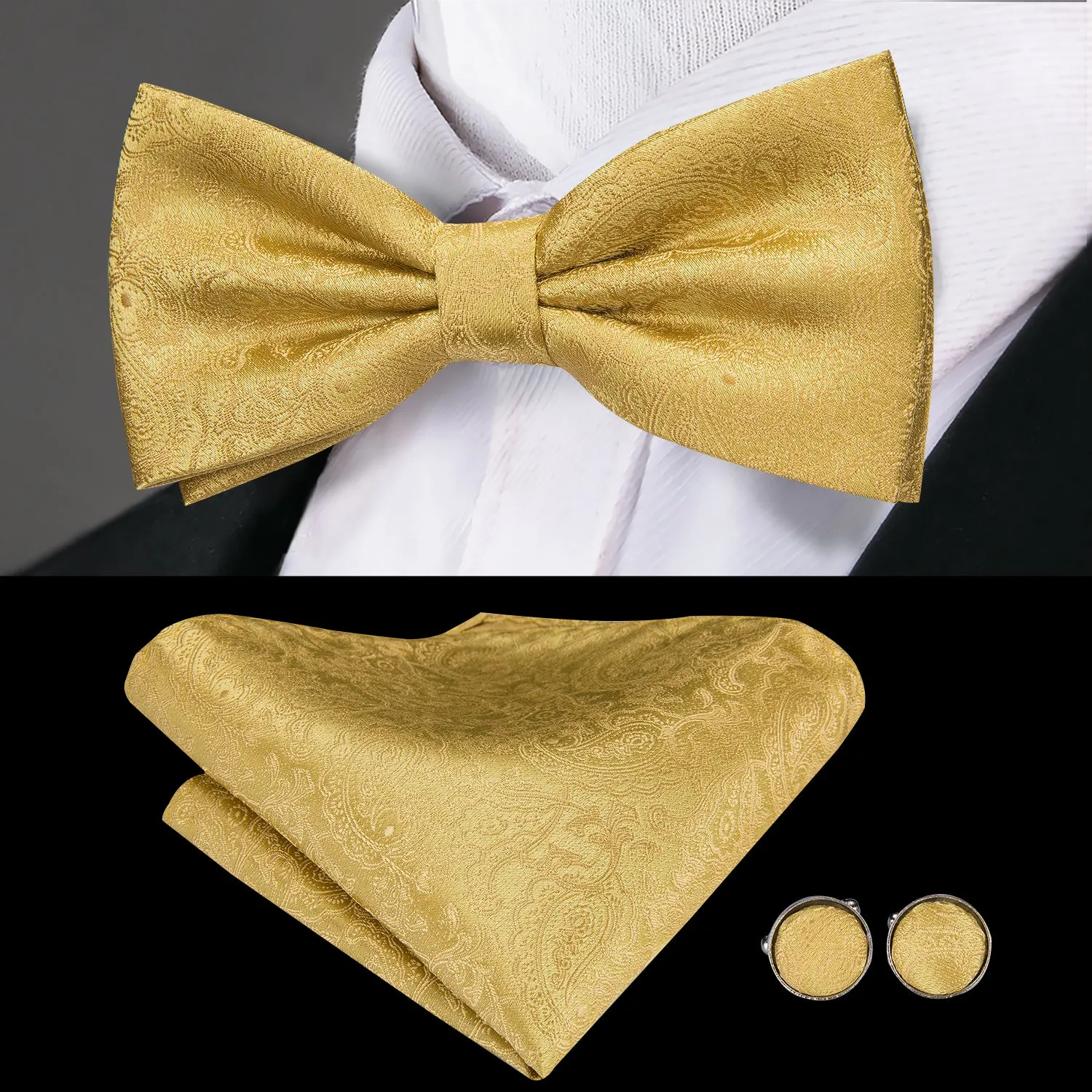 Hi-Tie Gold Floral Cummerbund Silk Bow Tie Hanky Cufflinks Set for Men