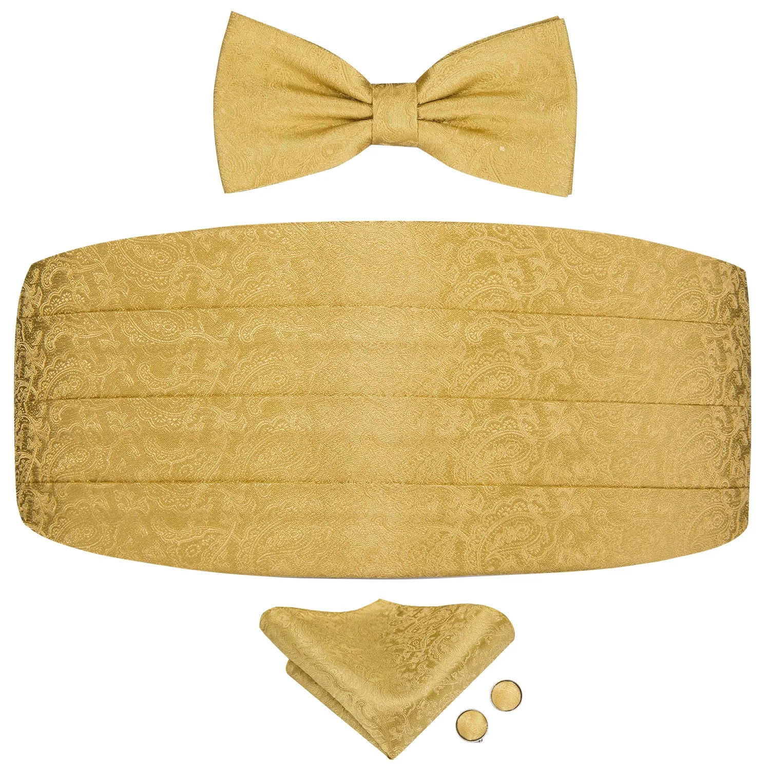 Hi-Tie Gold Floral Cummerbund Silk Bow Tie Hanky Cufflinks Set for Men