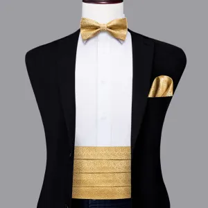 Hi-Tie Golden Solid Mens Cummerbund Bow Tie Handkerchief Cufflinks Set