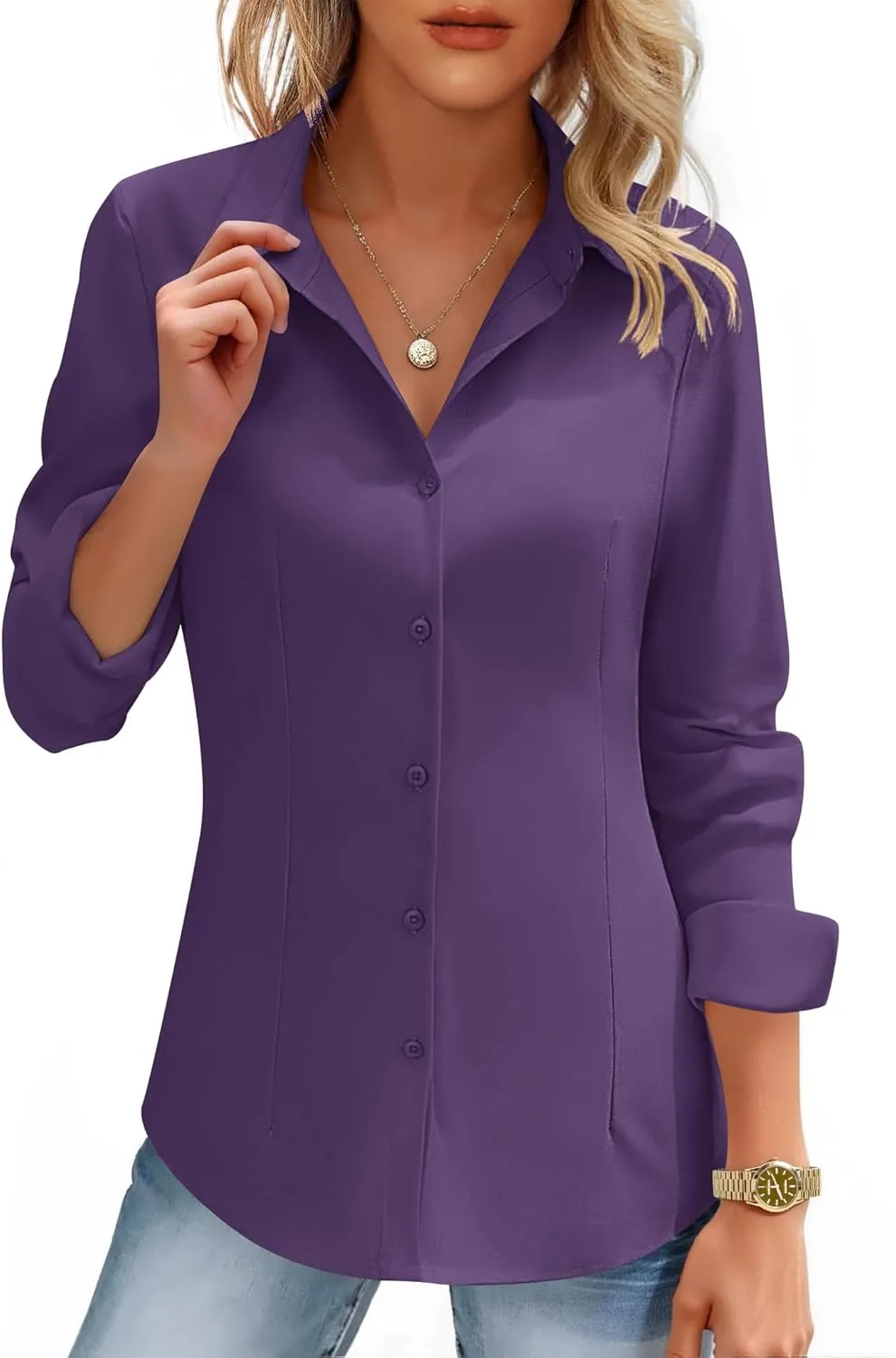 HOTOUCH Women's Button Down Shirts Long Sleeve Button-up Dress Shirt Fitted Business Collared Work Office Suit Blouses