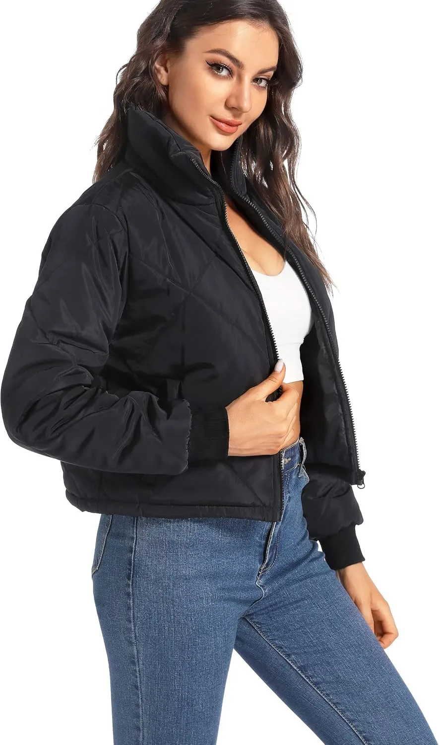 Hujoin Black Lightweight Quilted Jackets for Women Dressy Long Sleeve Padded Winter Jacket