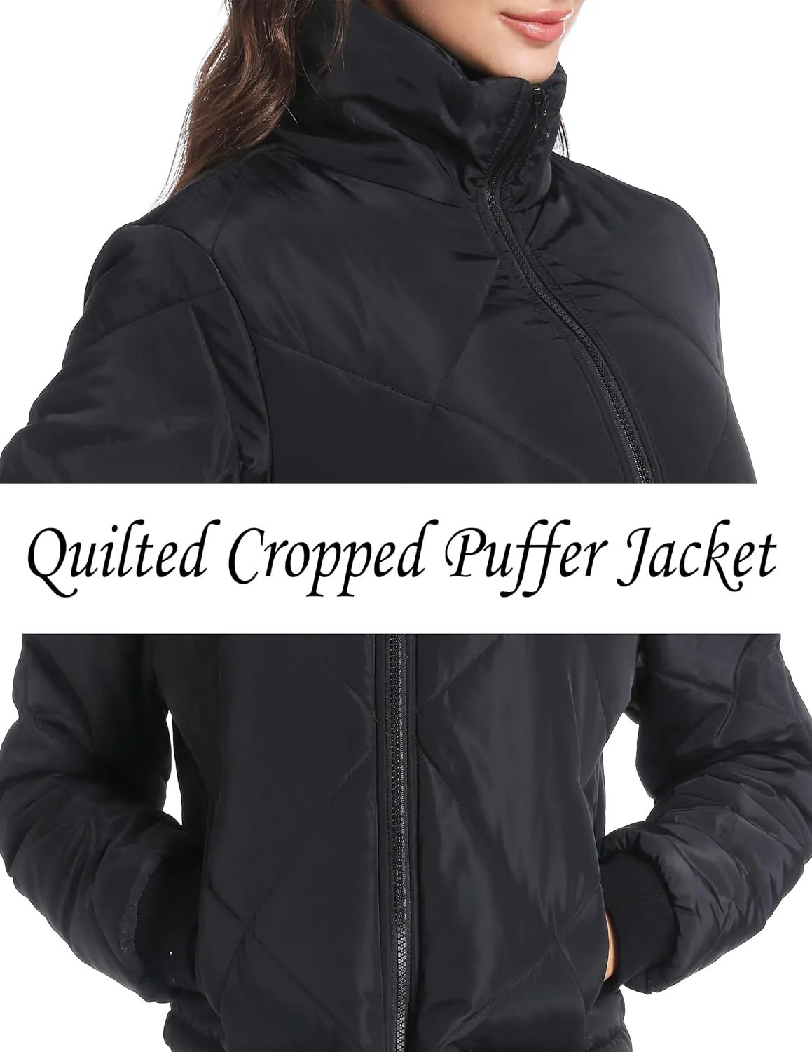 Hujoin Black Lightweight Quilted Jackets for Women Dressy Long Sleeve Padded Winter Jacket