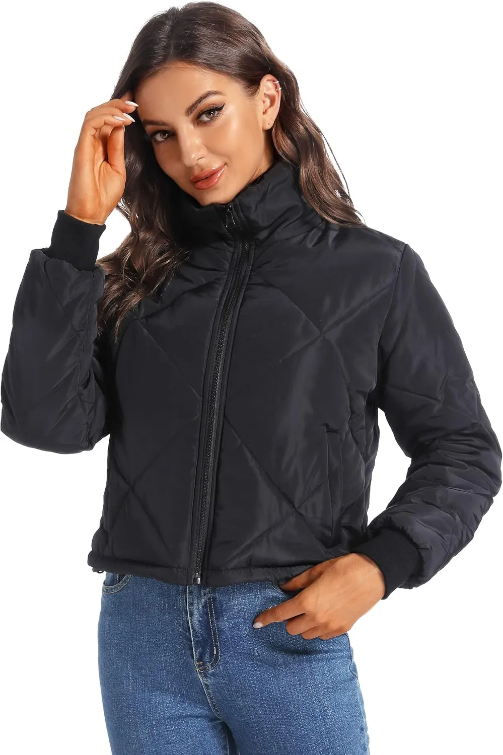Hujoin Black Lightweight Quilted Jackets for Women Dressy Long Sleeve Padded Winter Jacket