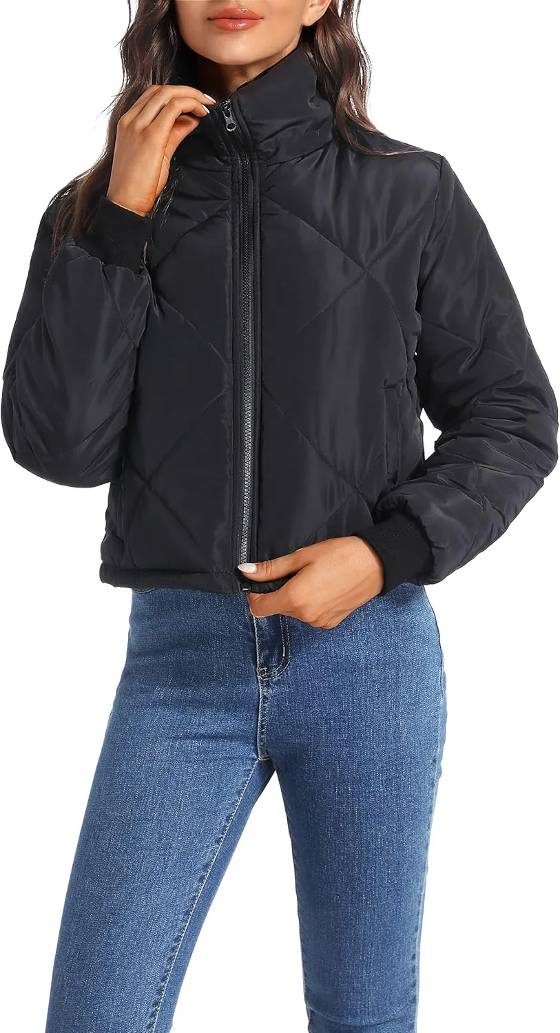 Hujoin Black Lightweight Quilted Jackets for Women Dressy Long Sleeve Padded Winter Jacket