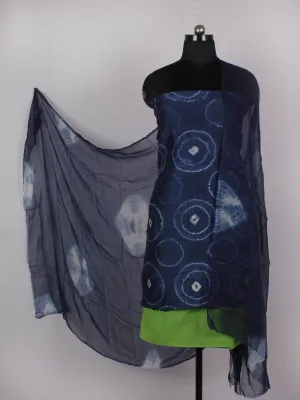 Indigo Ivory Lime Green Hand Shibori Dyed Chanderi Kurta & Chiffon Dupatta With Cotton Salwar Fabric Set of 3- S1628212