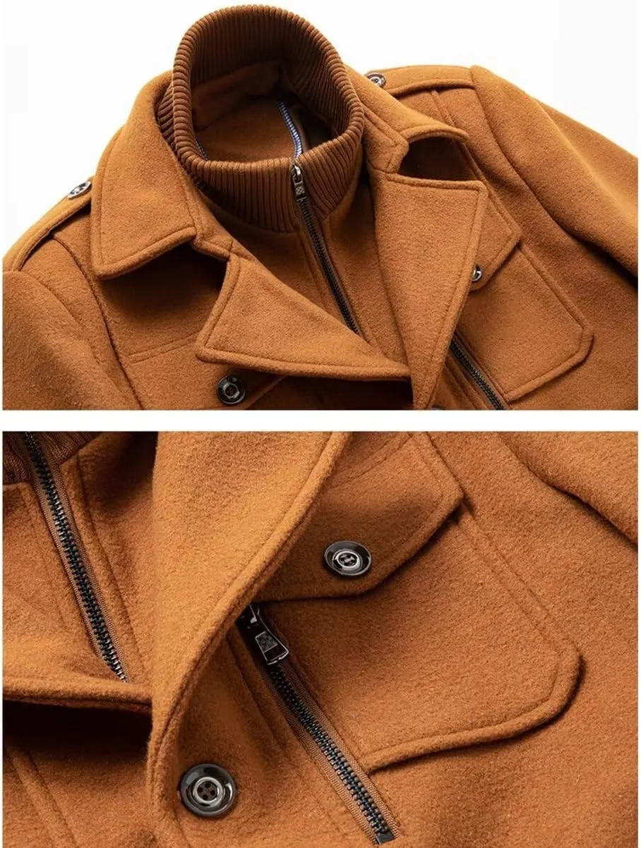 INVACHI Men's Stand Collar Wool Blend Pea Coats with Removable Inner Collar Single Breasted Overcoat