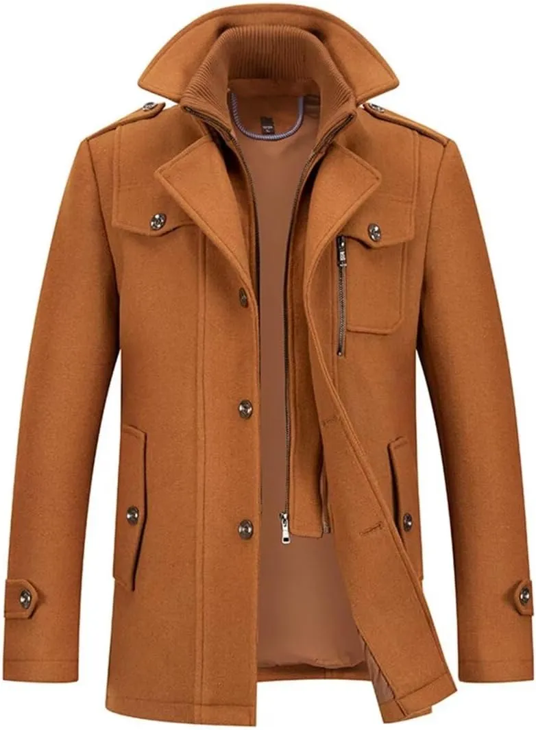 INVACHI Men's Stand Collar Wool Blend Pea Coats with Removable Inner Collar Single Breasted Overcoat