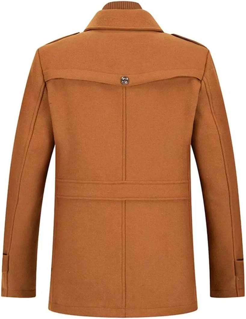 INVACHI Men's Stand Collar Wool Blend Pea Coats with Removable Inner Collar Single Breasted Overcoat