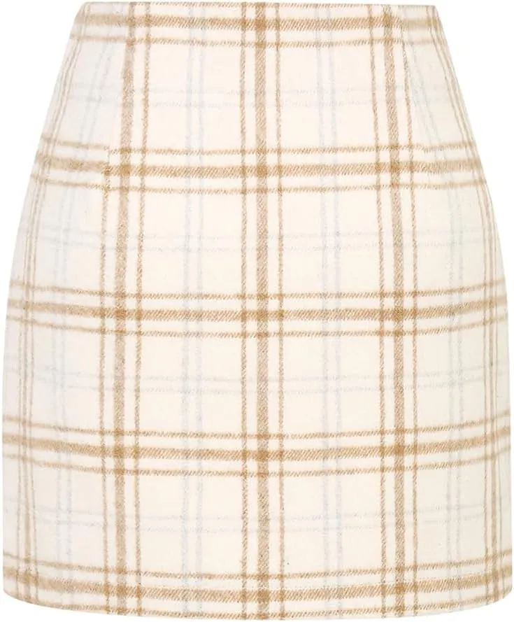 Kinghua Womens Wool Plaid Mini Skirt Fall Winter High Waisted Bodycon Pencil Skirt