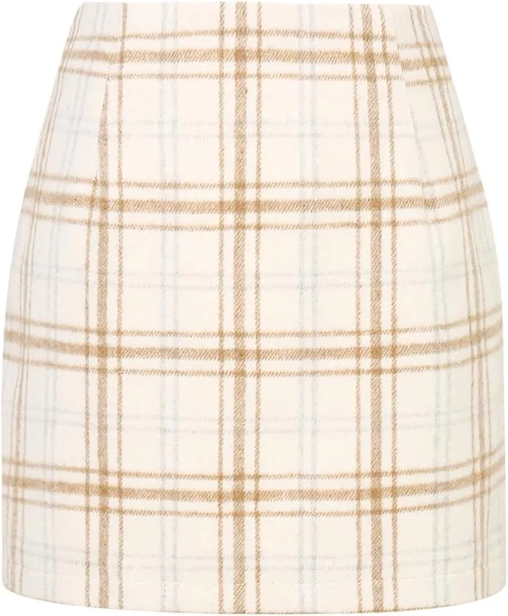 Kinghua Womens Wool Plaid Mini Skirt Fall Winter High Waisted Bodycon Pencil Skirt