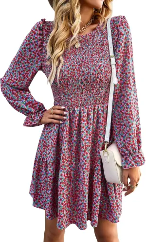 KIRUNDO Spring Dresses for Women 2025 Summer Smocked Long Sleeve Floral Crewneck Ruffle A Line Flowy Party Mini Dress