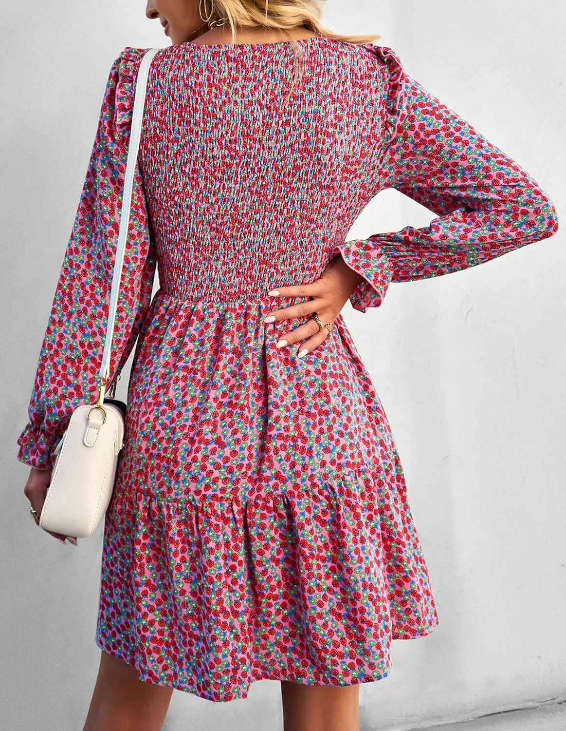 KIRUNDO Spring Dresses for Women 2025 Summer Smocked Long Sleeve Floral Crewneck Ruffle A Line Flowy Party Mini Dress