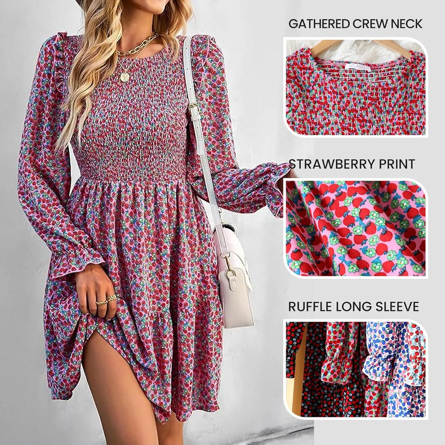 KIRUNDO Spring Dresses for Women 2025 Summer Smocked Long Sleeve Floral Crewneck Ruffle A Line Flowy Party Mini Dress